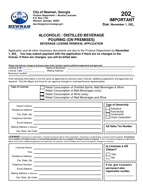 First page of the Alcoholic Beverage Pouring License Renewal Application