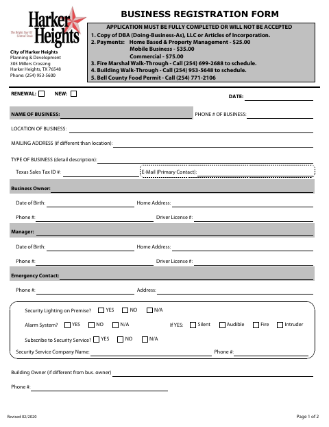 First page of the Business Registration Form