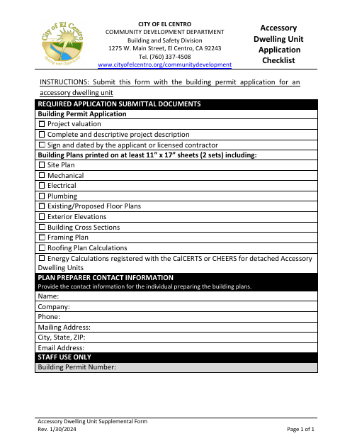 First page of the Accessory Dwelling Unit Application Checklist