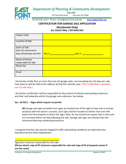 First page of the Certification for Garage Sale Application