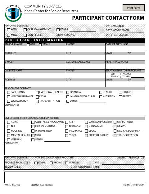 First page of the Participant Contact Form