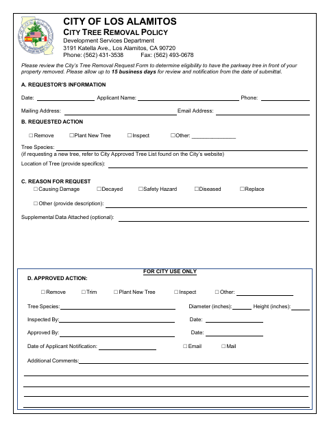 First page of the City Tree Removal Request Form