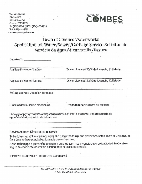 First page of the Commercial Water and Sewer Service Application