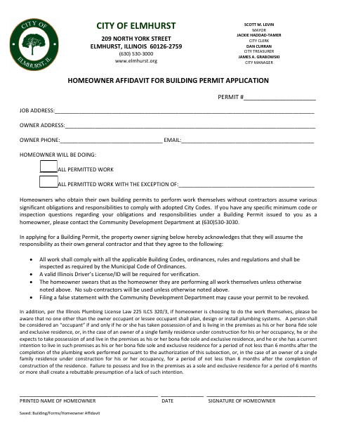 First page of the Homeowner Affidavit for Building Permit Application