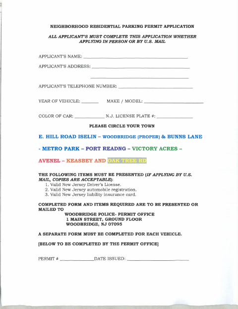 First page of the Neighborhood Residential Parking Permit Application