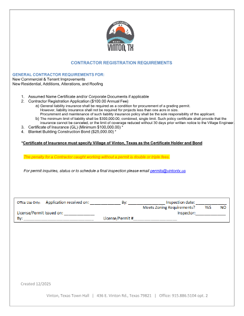 First page of the Contractor Registration Application