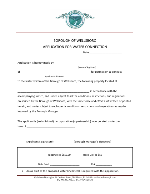 First page of the Application for Water Connection