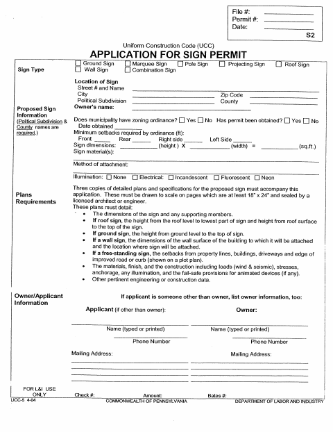 First page of the Application for Sign Permit