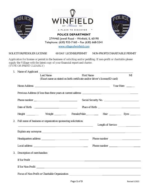 First page of the Solicitor/Peddler License Application