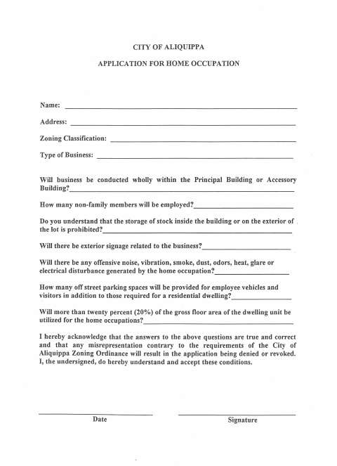 First page of the Application for Home Occupation