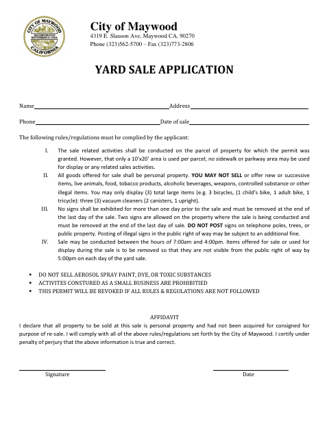 First page of the Yard Sale Application