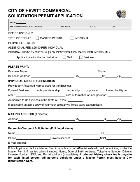 First page of the Commercial Solicitation Permit Application