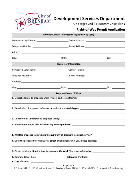 First page of the Underground Telecommunications Right-of-Way Permit Application