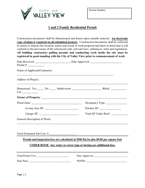 First page of the 1 and 2 Family Residential Permit