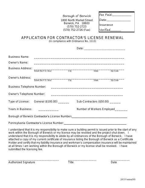First page of the Contractor License Application Renewal