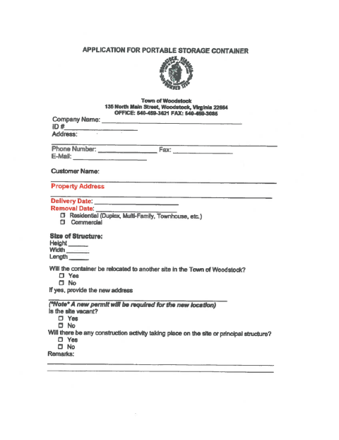 First page of the Portable Storage Container Application