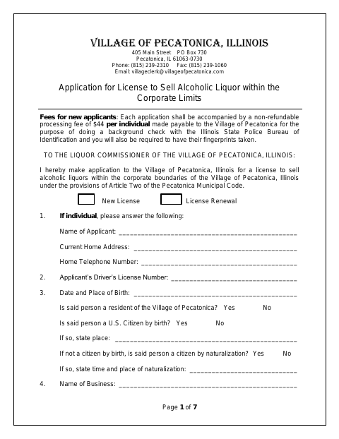 First page of the Liquor License Application