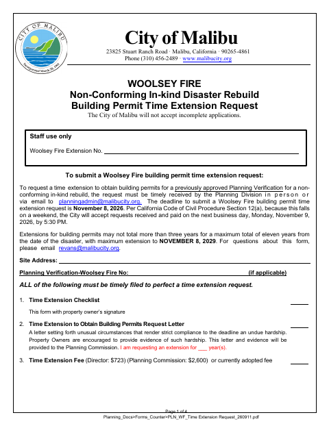 First page of the Woolsey Fire Non-Conforming In-Kind Disaster Rebuild Building Permit Time Extension Request