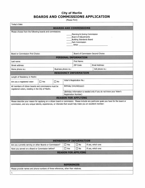 First page of the Boards and Commissions Application