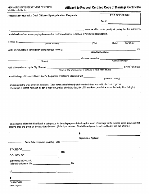 First page of the Affidavit to Request Certified Copy of Marriage Certificate