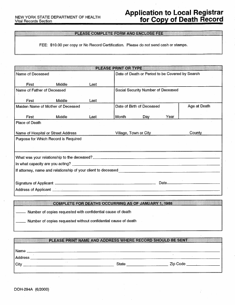 First page of the Application for Death Record