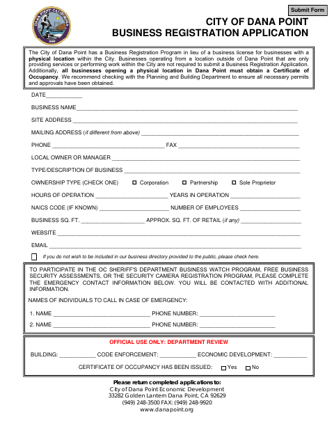 First page of the Business Registration Application