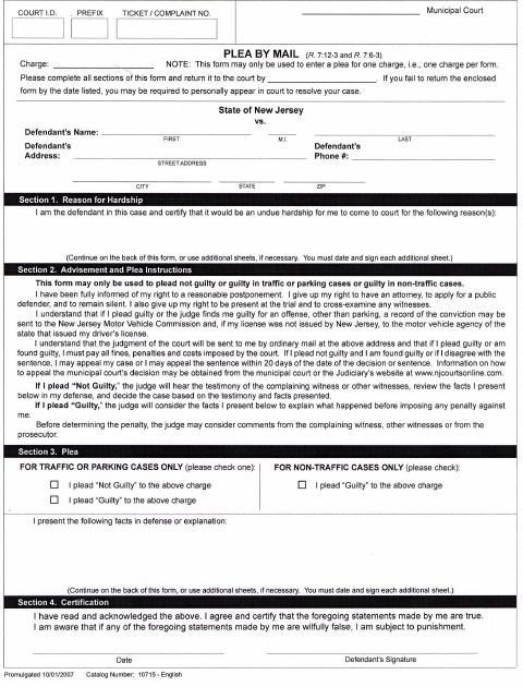 First page of the Municipal Court Plea by Mail