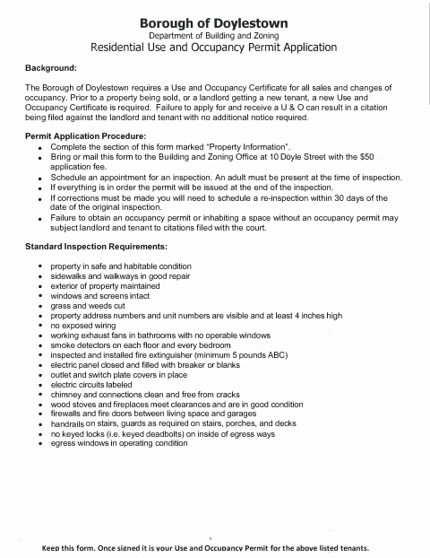 First page of the Residential Use and Occupancy Permit Application