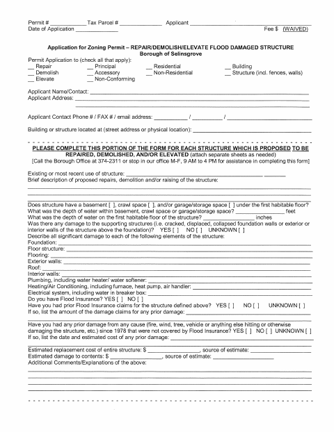 First page of the Zoning Permit Application for Repair, Demolition, or Elevation of Flood-Damaged Structures
