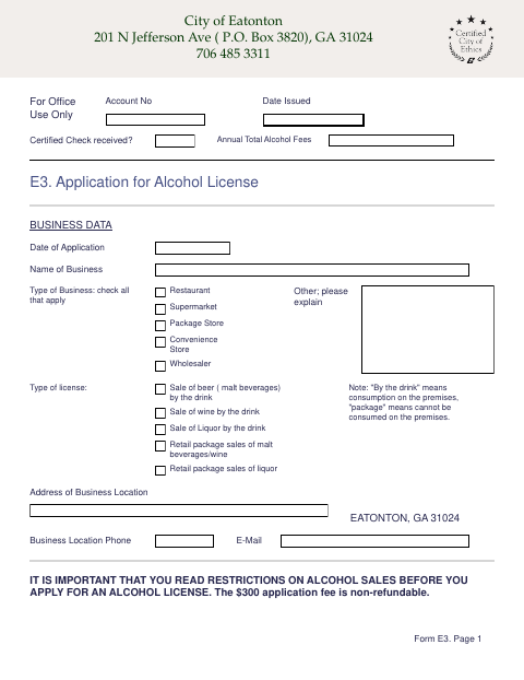 First page of the Alcohol License Application