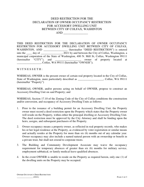 First page of the Accessory Dwelling Unit Owner Occupancy Deed Restriction