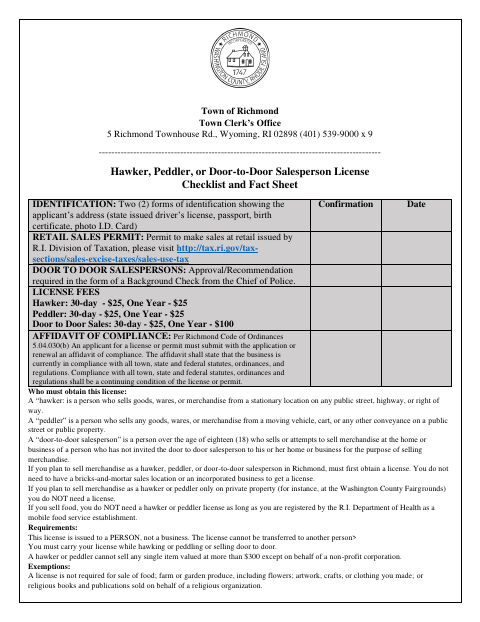 First page of the Hawker, Peddler, or Door-to-Door Salesperson License