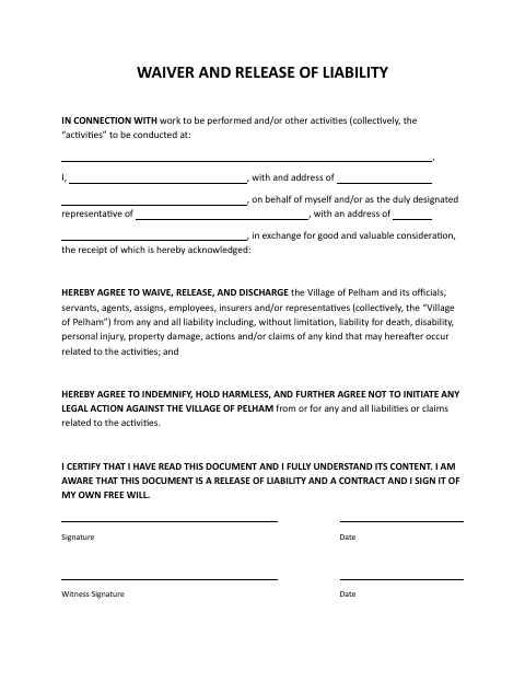 First page of the Waiver and Release of Liability