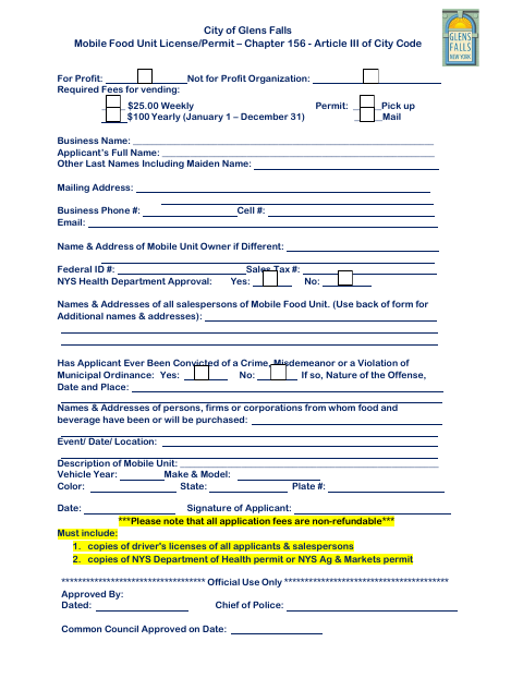 First page of the Mobile Food Unit License Application