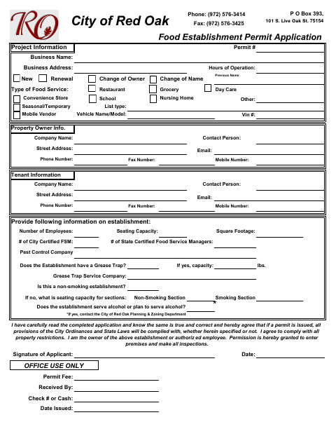 First page of the Food Establishment Permit Application