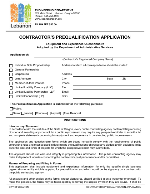 First page of the Contractor’s Prequalification Application