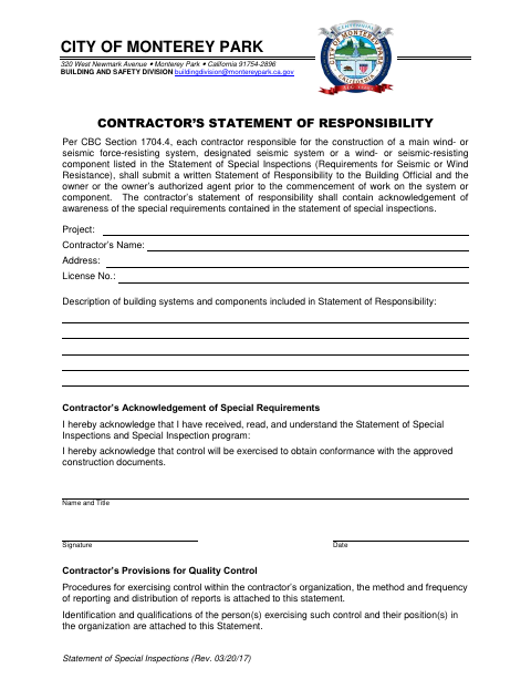 First page of the Contractor’s Statement of Responsibility