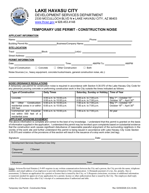 First page of the Temporary Use Permit – Construction Noise
