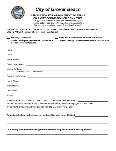 First page of the Application for Appointment to Serve on a City Commission or Committee