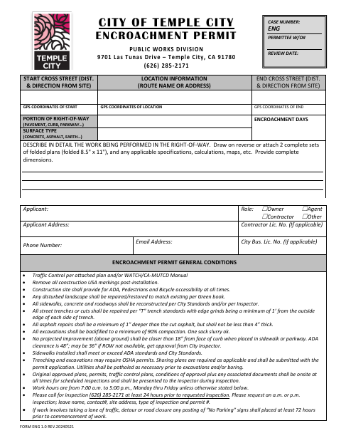 First page of the Encroachment Permit