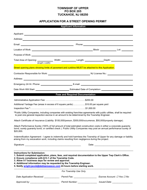 First page of the Application for a Street Opening Permit