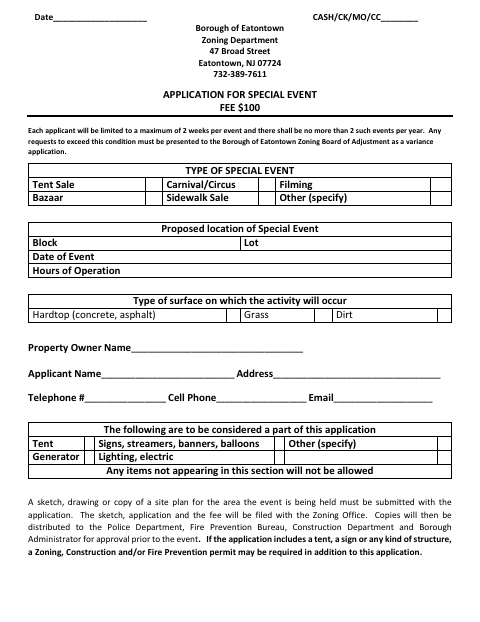 First page of the Application for Special Event