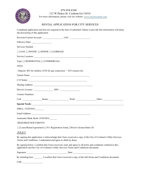 First page of the Rental Application for City Services