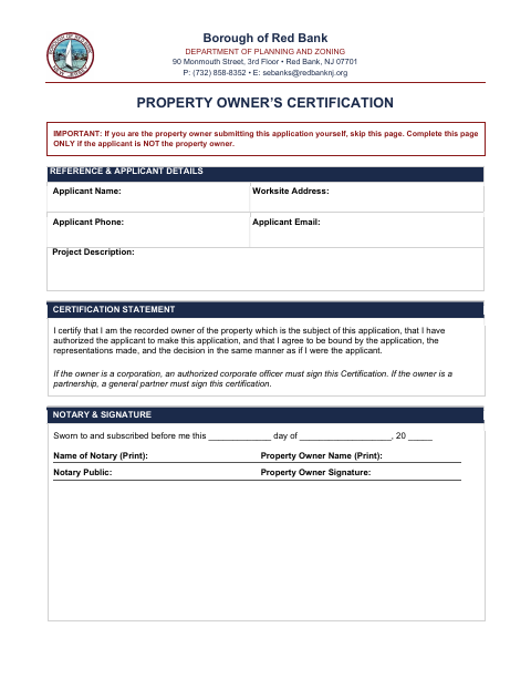 First page of the Property Owner’s Certification