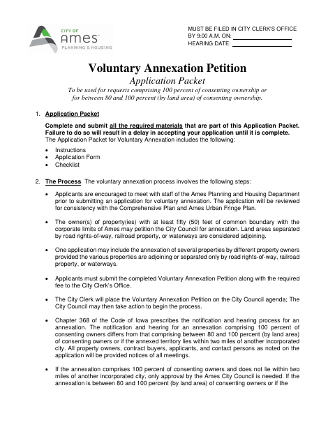 First page of the Voluntary Annexation Petition Application Packet