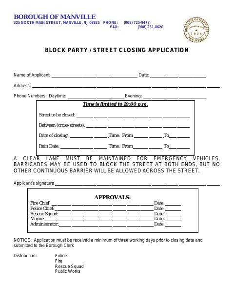 First page of the Block Party / Street Closing Application