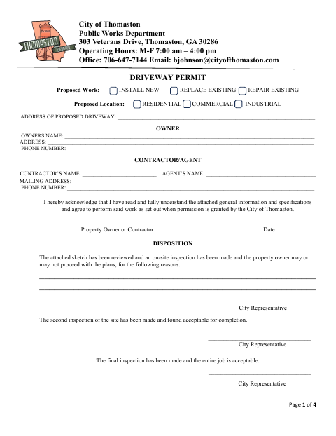 First page of the Driveway Permit