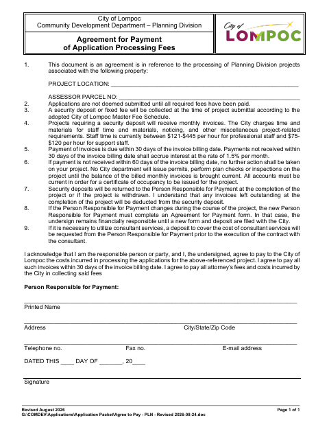 First page of the Agreement for Payment of Application Processing Fees