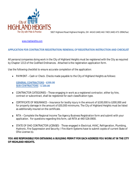First page of the Contractor Registration Application