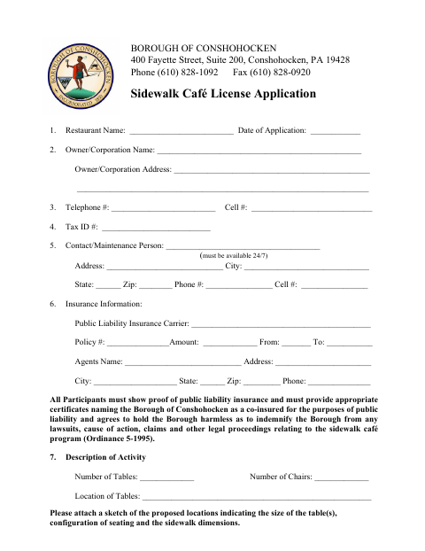 First page of the Sidewalk Café License Application